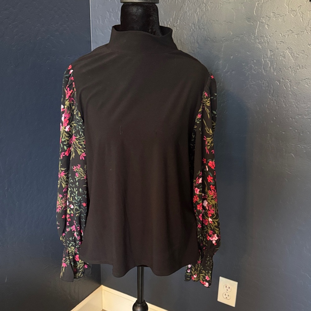 CeCe Black Top with Vibrant Floral Sleeves